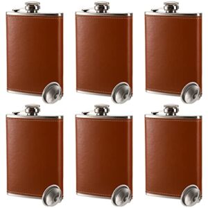 suwimut 6 pack flask for liquor and funnel, 8 oz leak proof 18/8 stainless steel pocket hip flask with brown leather cover for men women drinking of alcohol, whiskey, rum and vodka