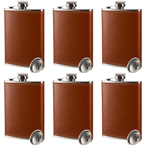 Suwimut 6 Pack Flask for Liquor and Funnel, 8 oz Leak Proof 18/8 Stainless Steel Pocket Hip Flask with Brown Leather Cover for Men Women Drinking of Alcohol, Whiskey, Rum and Vodka