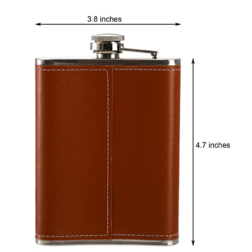 Suwimut 6 Pack Flask for Liquor and Funnel, 8 oz Leak Proof 18/8 Stainless Steel Pocket Hip Flask with Brown Leather Cover for Men Women Drinking of Alcohol, Whiskey, Rum and Vodka