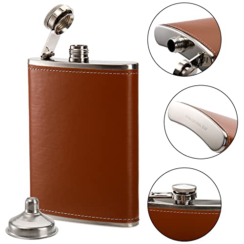 Suwimut 6 Pack Flask for Liquor and Funnel, 8 oz Leak Proof 18/8 Stainless Steel Pocket Hip Flask with Brown Leather Cover for Men Women Drinking of Alcohol, Whiskey, Rum and Vodka