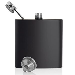 maxam black stainless steel flask, lightweight drinking hip flask with a screw-on, leak proof lid, funnel, 6 ounce capacity in black box
