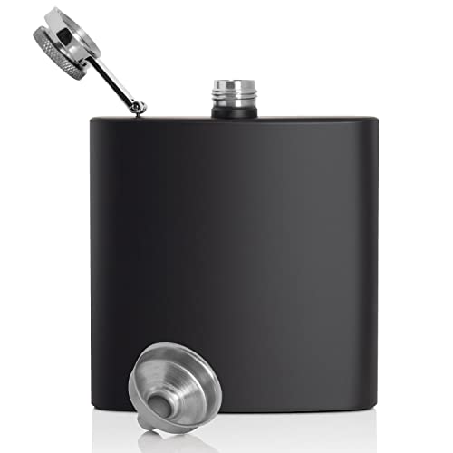 Maxam Black Stainless Steel Flask, Lightweight Drinking Hip Flask with a Screw-On, Leak Proof Lid, Funnel, 6 Ounce Capacity in Black Box