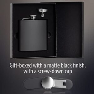 Maxam Black Stainless Steel Flask, Lightweight Drinking Hip Flask with a Screw-On, Leak Proof Lid, Funnel, 6 Ounce Capacity in Black Box