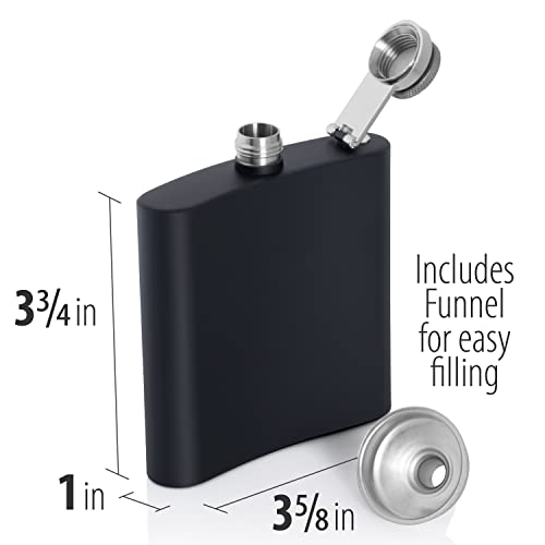 Maxam Black Stainless Steel Flask, Lightweight Drinking Hip Flask with a Screw-On, Leak Proof Lid, Funnel, 6 Ounce Capacity in Black Box