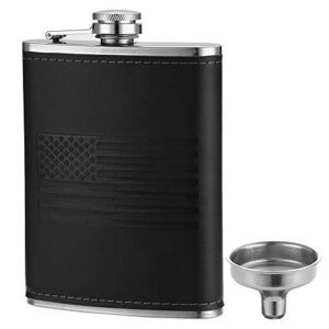 yfs whiskey flask with american flag for liquor and funnel, 8 oz leak proof stainless steel pocket hip flask with soft touch leather cover, black flask for men