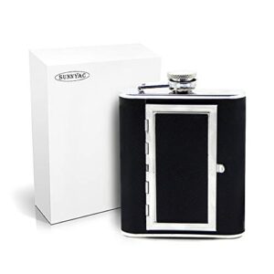 Sunnyac Stainless Steel Hip Flask, Leak-proof Hidden Flask with Cigarette Case and Leather Wrapped Cover, Including a Funnel and White Box, Black (6 Ounce)