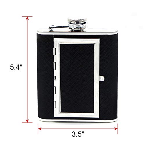 Sunnyac Stainless Steel Hip Flask, Leak-proof Hidden Flask with Cigarette Case and Leather Wrapped Cover, Including a Funnel and White Box, Black (6 Ounce)