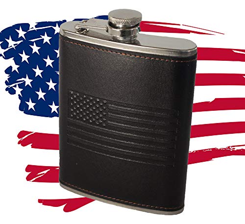 OUTZIE American Flag Flask - Soft Touch Cover | Laser Welded | 18/8 304 Food Grade Stainless Steel | Leak Proof Slim Profile Classic American Flag Design | Funnel and Gift Box Included