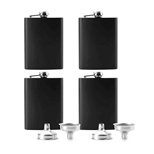 Tebery 8 oz Stainless Steel Black Hip Flask Set Leakproof Flask with Free Bonus Funnel Great Groommans or Bridal Wedding Gift, Set of 4