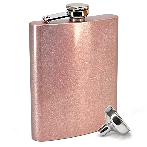 Clear Water Home Goods - 8 oz Rose Gold Holographic Glitter Sparkle Stainless Steel Hip Flask w/ Funnel - Wedding Party - Groomsman - Bridesmaid (10 Pack)