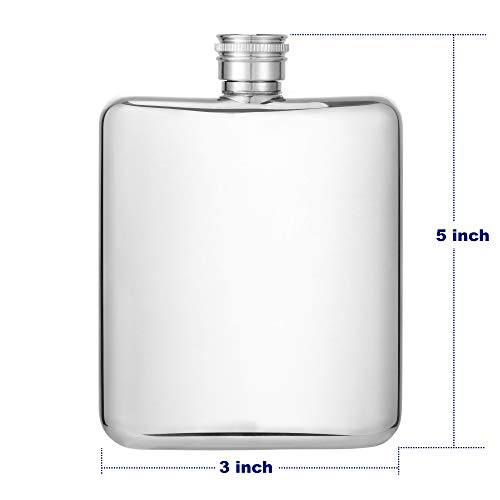 HIDORAN 6oz Shiny Hip Flask Stainless Steel Pocket Container for Drinking Thickening Hip Flasks with Funnel Curved Pocket Flask for Liquor Leak-Proof Mirror-Like Finish Silver