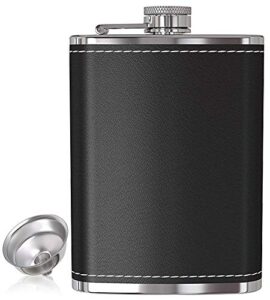 flask for liquor and funnel – 8 oz leak proof 18/8 stainless steel pocket hip flask with black leather cover for discrete shot drinking of alcohol, whiskey, rum and vodka | gift for men