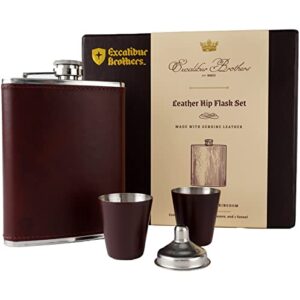 men’s leather flask with 2 cups and funnel – 100% leak proof with stainless steel and premium leather, flask gift set for father, grandfather, boyfriend, and groomsmen