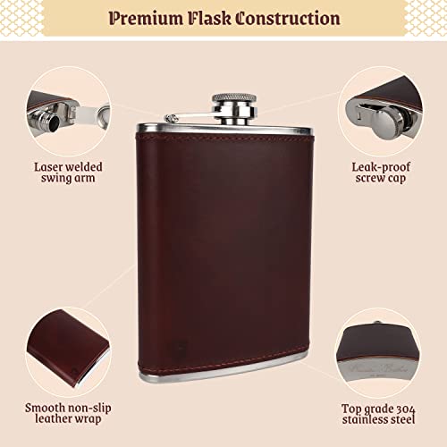 Men's Leather Flask with 2 Cups and Funnel - 100% Leak Proof with Stainless Steel and Premium Leather, Flask Gift Set for Father, Grandfather, Boyfriend, and Groomsmen