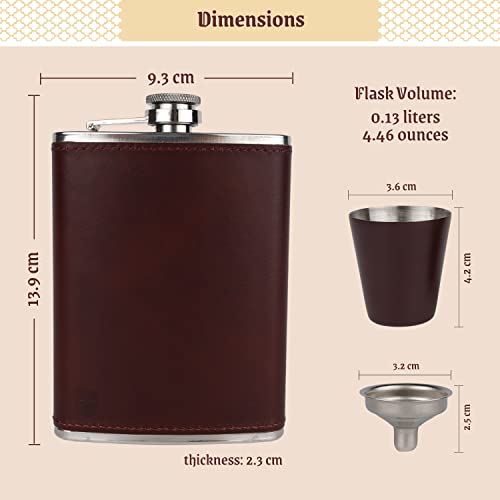 Men's Leather Flask with 2 Cups and Funnel - 100% Leak Proof with Stainless Steel and Premium Leather, Flask Gift Set for Father, Grandfather, Boyfriend, and Groomsmen