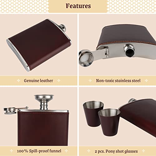 Men's Leather Flask with 2 Cups and Funnel - 100% Leak Proof with Stainless Steel and Premium Leather, Flask Gift Set for Father, Grandfather, Boyfriend, and Groomsmen