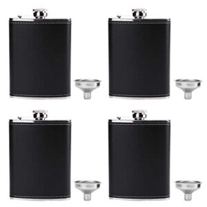 suwimut 4 pack hip flask for liquor for men, 8 oz stainless steel leakproof pocket hip flask with black leather cover and funnel for drinking of alcohol, whiskey, rum and vodka, gift for men