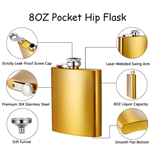 Hip Flask for Men Liquor Flask Stainless Steel Leak proof Flask with Funnel set for Women Pocket Alcohol Drinking Flask set 8OZ (Gold)