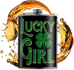 lucky girl 8 oz stainless steel hip flask for liquor – comes in a gift box – leakproof design – easy to clean – 3.75” x 5.75” – by trixie & milo