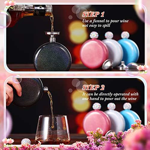 4 Pcs Cute Liquor Flask for Women 5 oz 304 Stainless Steel Flask for Whiskey Liquor Glitter Coating Flask Portable Wine Flask with Shining Rhinestone Cap and 4 Funnels for Drink Bar BBQ and Travel