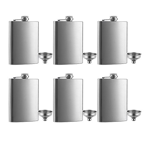 6 Pcs 8 oz Hip Stainless Steel Flask & Funnel Set by QLL, Easy Pour Funnel is Included, Great Gift