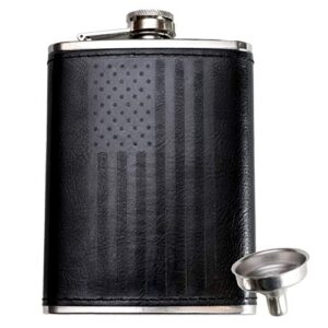 leather flask with american flag by home aggressive – 8 ounce – 18-8 304 stainless steel black leather wrap hip flask with funnel for liquor whiskey alcohol wine or bourbon – slim curved