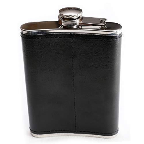 Leather Flask with American Flag by Home Aggressive - 8 Ounce - 18-8 304 Stainless Steel Black Leather Wrap Hip Flask with Funnel for Liquor Whiskey Alcohol Wine or Bourbon - Slim Curved