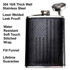 Leather Flask with American Flag by Home Aggressive - 8 Ounce - 18-8 304 Stainless Steel Black Leather Wrap Hip Flask with Funnel for Liquor Whiskey Alcohol Wine or Bourbon - Slim Curved