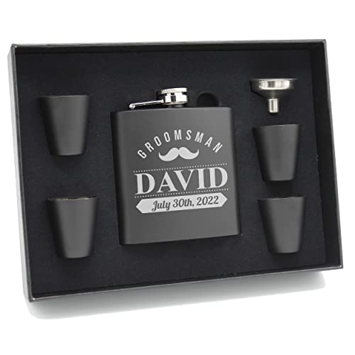 Personalized Black Matte Flask Set - Wedding Groomsmen - Custom Engraved and Monogrammed