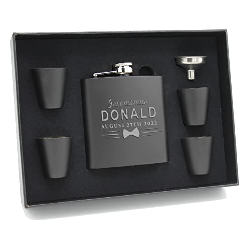 Personalized Black Matte Flask Set - Wedding Groomsmen - Custom Engraved and Monogrammed