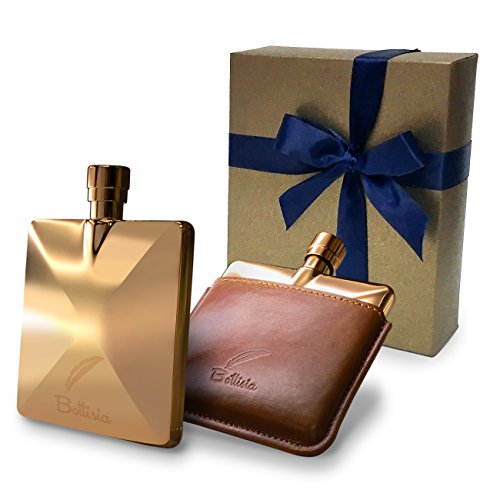 Hip Flasks For Liquor for Men by Bottisia 3Oz 18K Rose Gold Pocket Hip Flask with Whisky Flask Funnel & Genuine Leather Pouch, a Luxury Hip Flask Birthday Gift Set for Men/Father/Grandfather/Groomsmen