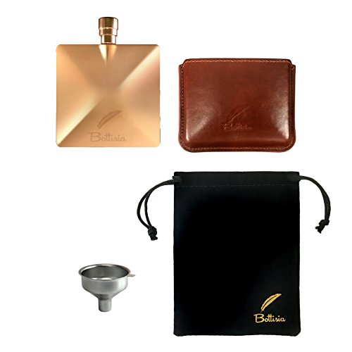 Hip Flasks For Liquor for Men by Bottisia 3Oz 18K Rose Gold Pocket Hip Flask with Whisky Flask Funnel & Genuine Leather Pouch, a Luxury Hip Flask Birthday Gift Set for Men/Father/Grandfather/Groomsmen