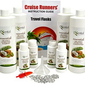 CRUISE RUNNERS Fake Shampoo Conditioner Flask Kit For Hiding Hidden Liquor Sneak Smuggle Alcohol On Booze Cruise With 4 TSA Travel Size Plastic Drinking Flask Bottles and Seals Rum Runners For Cruise