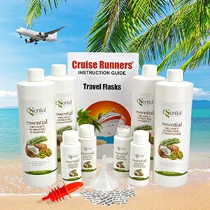 CRUISE RUNNERS Fake Shampoo Conditioner Flask Kit For Hiding Hidden Liquor Sneak Smuggle Alcohol On Booze Cruise With 4 TSA Travel Size Plastic Drinking Flask Bottles and Seals Rum Runners For Cruise