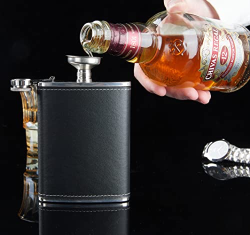 Hip Flask for Liquor Black Leather Flask 8 Oz 18/8 Stainless Steel Soft Touch Leather Wrap Flask Gift Set with 2 Cups & Funnel 100% Leak Proof Whiskey & Rum & Vodka Flasks for Men Women (Lain Weave)