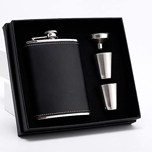 Hip Flask for Liquor Black Leather Flask 8 Oz 18/8 Stainless Steel Soft Touch Leather Wrap Flask Gift Set with 2 Cups & Funnel 100% Leak Proof Whiskey & Rum & Vodka Flasks for Men Women (Lain Weave)