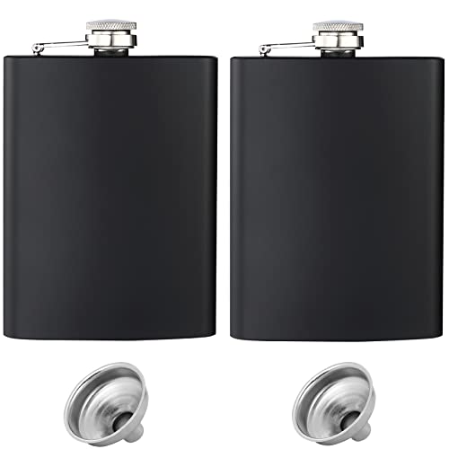 2 pcs Hip Flasks for Liquor for Men Women Black 8OZ Hip Flask with Silver lid with 2 pcs Funnel for Wedding Party Groomsman Bridesmaid Birthdays Gift