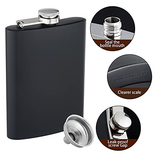 2 pcs Hip Flasks for Liquor for Men Women Black 8OZ Hip Flask with Silver lid with 2 pcs Funnel for Wedding Party Groomsman Bridesmaid Birthdays Gift