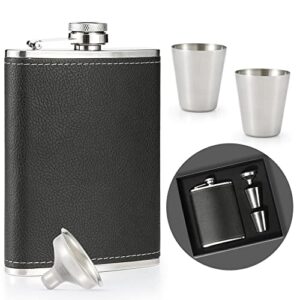 hip flask gift set for men, 8 oz leak proof flasks for liquor with 2 cups & funnel in gift box, food grade stainless steel black leather pocket flask for whiskey, wedding party groomsman gift