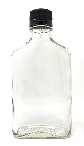 200 ml (6.6 oz) Glass Flask Liquor Bottle with Black Caps (12 Pack)