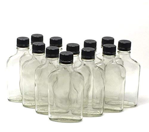 200 ml (6.6 oz) Glass Flask Liquor Bottle with Black Caps (12 Pack)