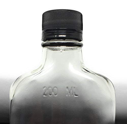 200 ml (6.6 oz) Glass Flask Liquor Bottle with Black Caps (12 Pack)