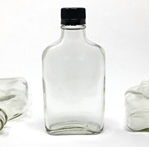 200 ml (6.6 oz) Glass Flask Liquor Bottle with Black Caps (12 Pack)