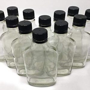 200 ml (6.6 oz) Glass Flask Liquor Bottle with Black Caps (12 Pack)