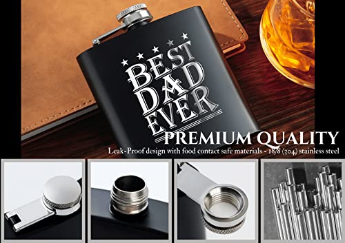 Dad Hip Flask, Flasks for Liquor, Stainless Steel Flask (Black 6oz) Father's Day, Birthday, Christmas, Retirement Gifts for Dad, Best Dad Ever, Onebttl