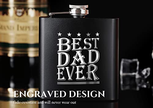 Dad Hip Flask, Flasks for Liquor, Stainless Steel Flask (Black 6oz) Father's Day, Birthday, Christmas, Retirement Gifts for Dad, Best Dad Ever, Onebttl