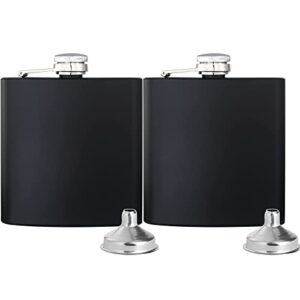 hip flask for liquor 2pcs black thin flasks with silver cap 6oz stainless steel leakproof with 2 pcs funnel for gift, camping, wedding party