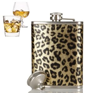 liquor-flasks for women – stainless-steel cute print-leopard liquor-flasks leak-proof with funnel set 7 oz (leopard)