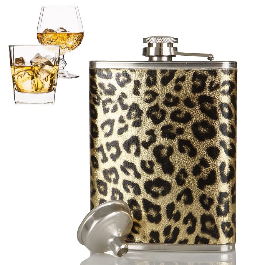 Liquor-Flasks for Women - Stainless-Steel Cute Print-Leopard Liquor-Flasks Leak-Proof with Funnel Set 7 OZ (Leopard)