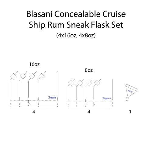 Blasani Concealable Cruise Ship Rum Sneak Flask Kit Set (4x16oz, 4x8oz)